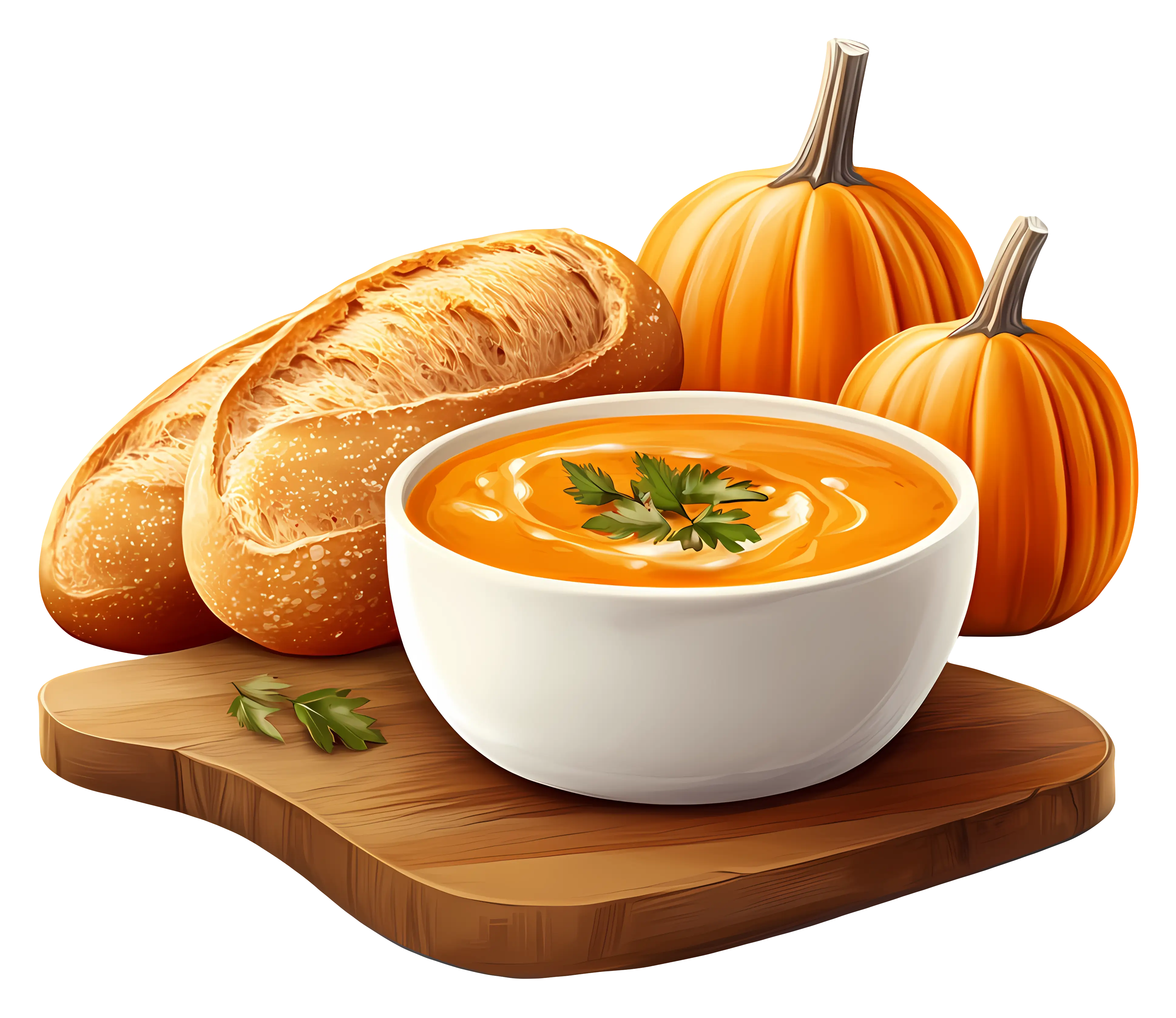 Pumpkin Soup with Bread and Pumpkins