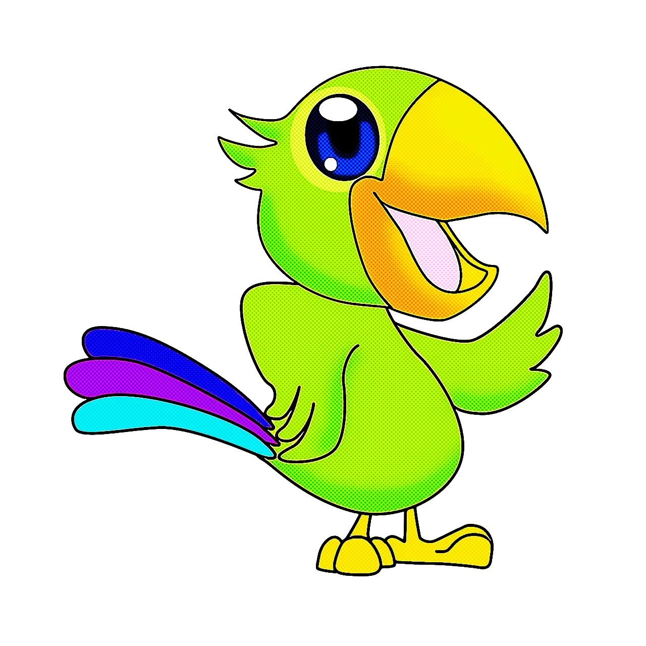 Bright Green Cartoon Parrot with Cheerful Expression