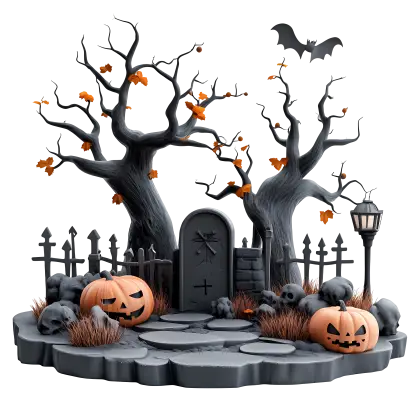 Spooky Graveyard Scene with Pumpkins for Halloween