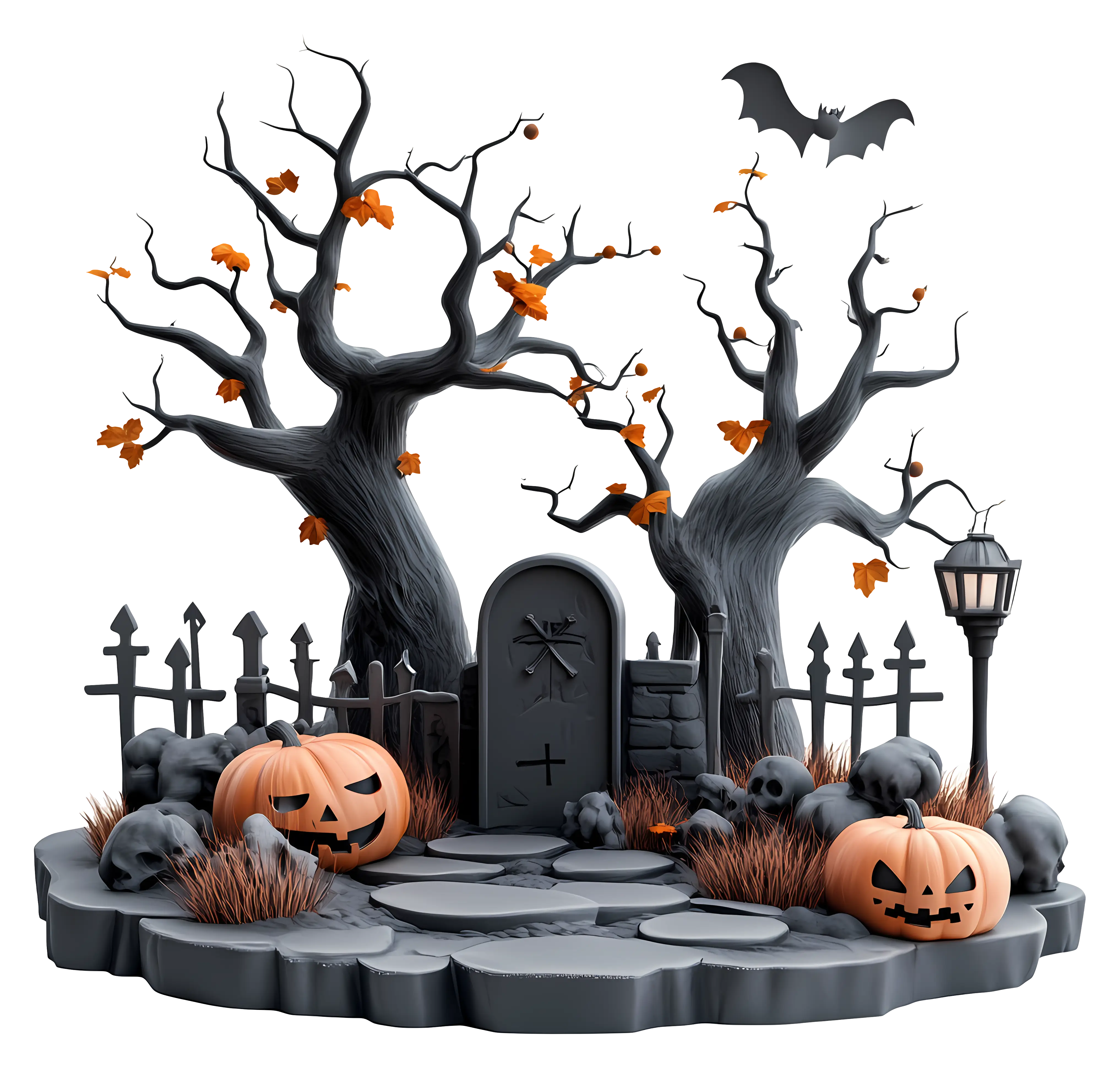 Spooky Graveyard Scene with Pumpkins for Halloween