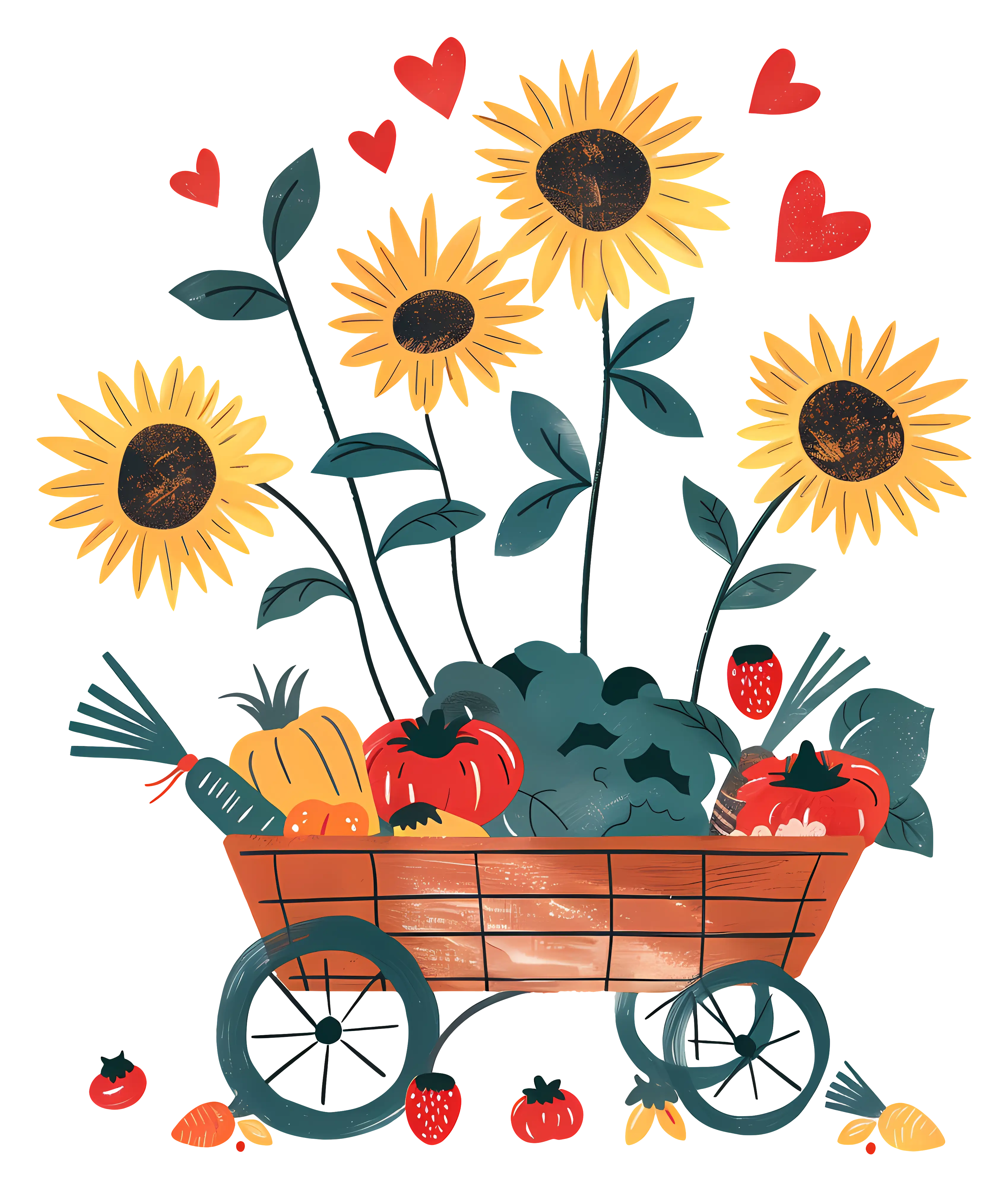 Sunflowers and Harvested Vegetables in a Cart