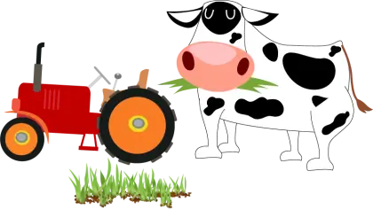 Cartoon Cow with Tractor and Grass