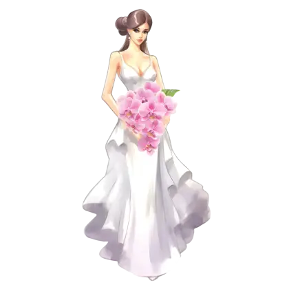 Bride with Pink Floral Bouquet Illustration