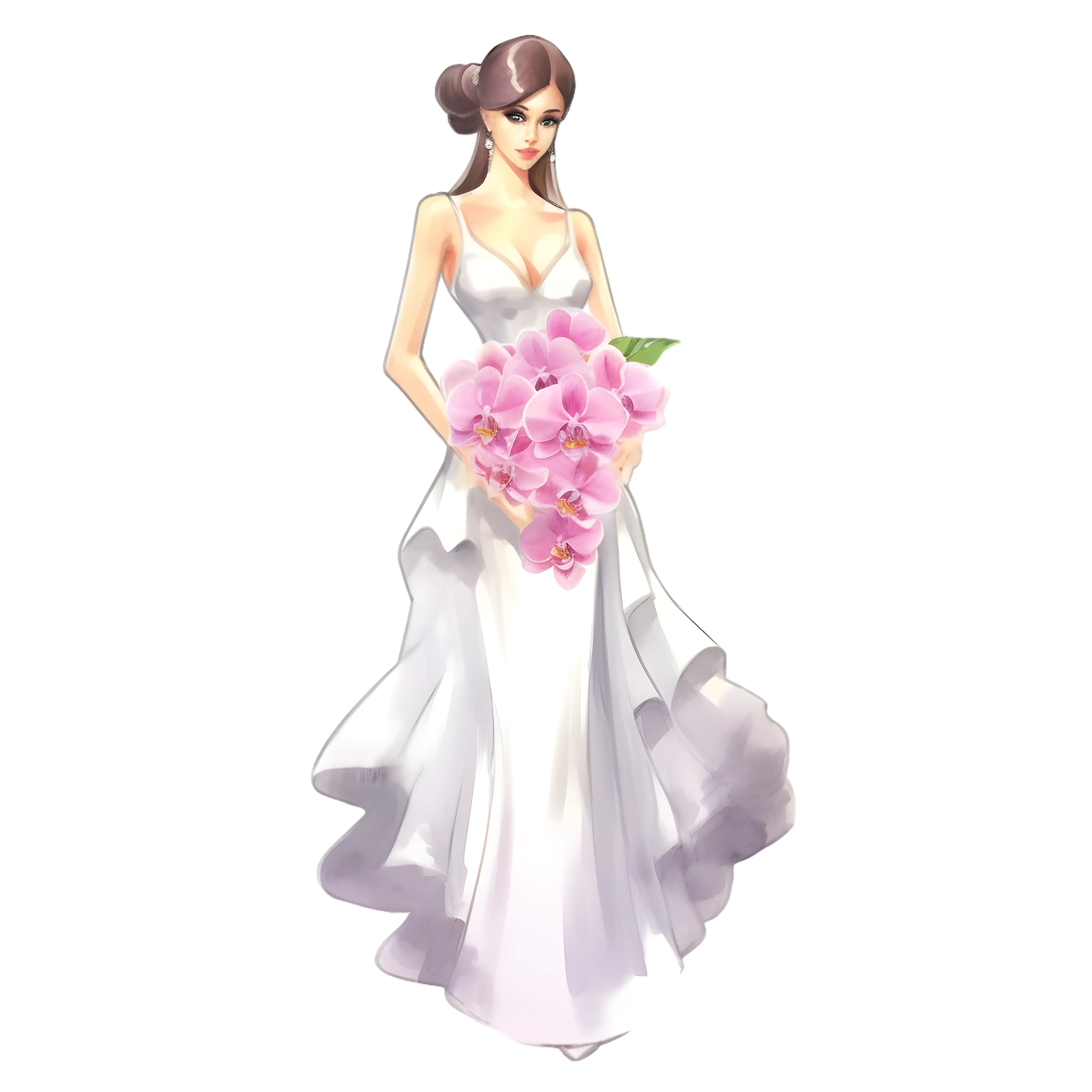 Bride with Pink Floral Bouquet Illustration