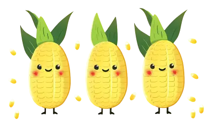 Happy Corns with Smiling Faces and Leaves
