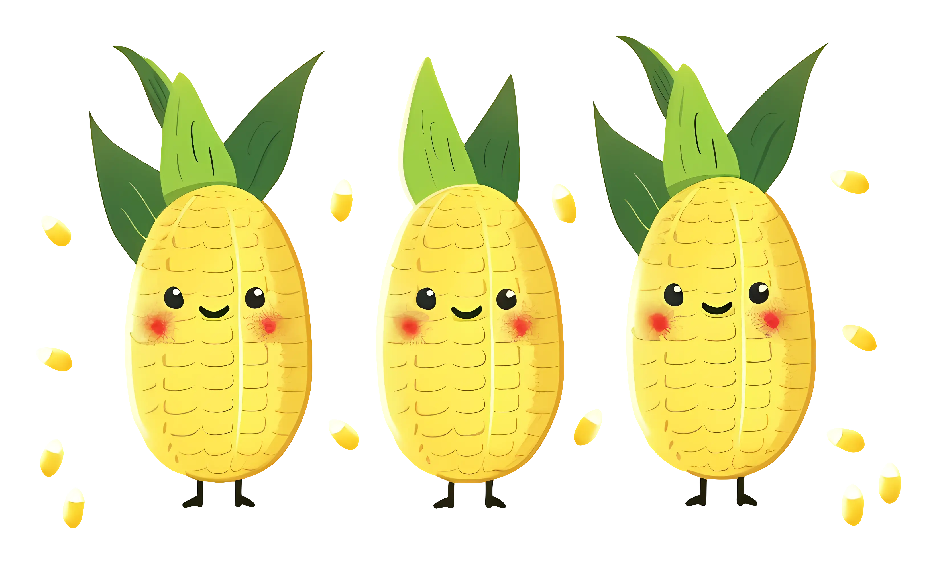 Happy Corns with Smiling Faces and Leaves