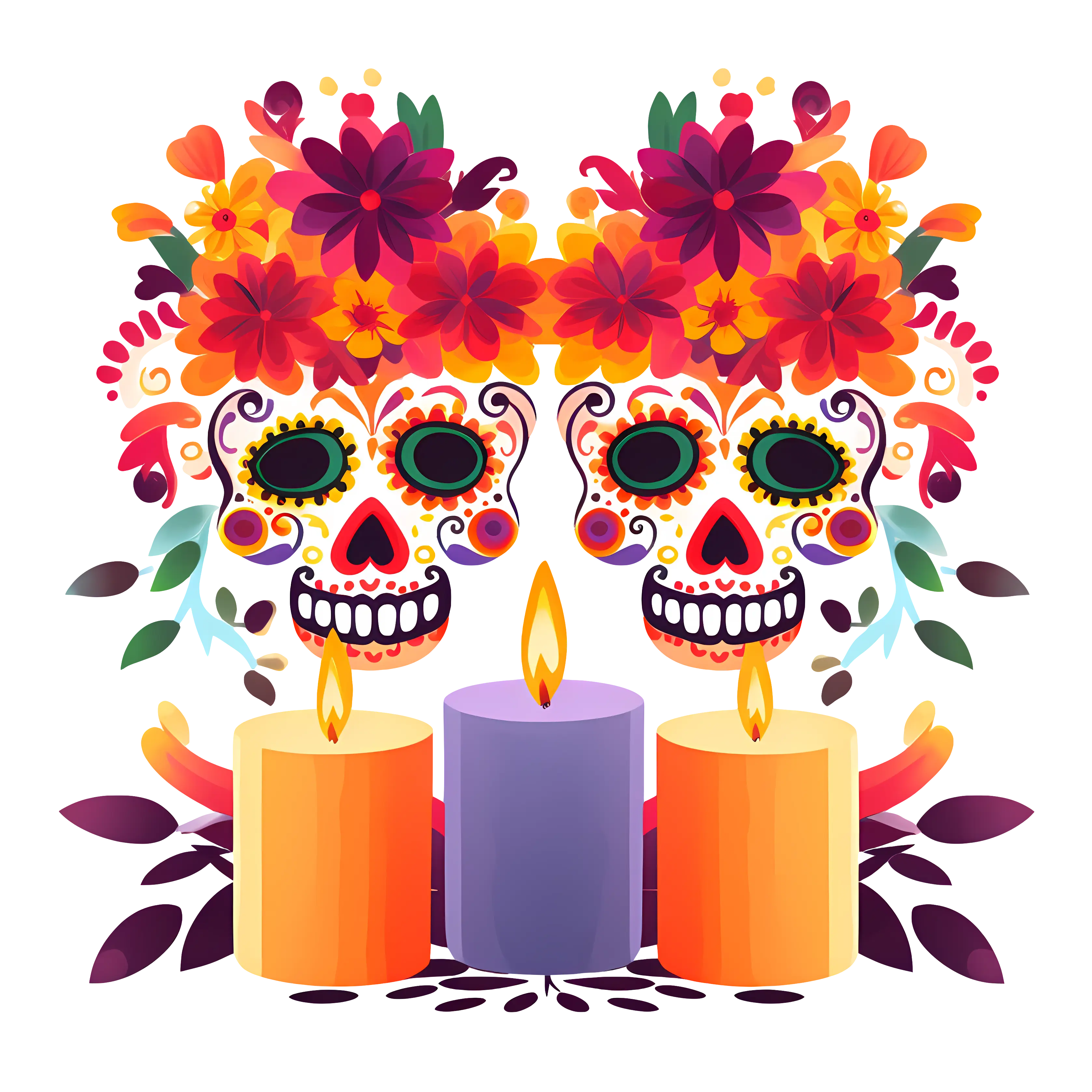 Day of the Dead Sugar Skulls with Lit Candles