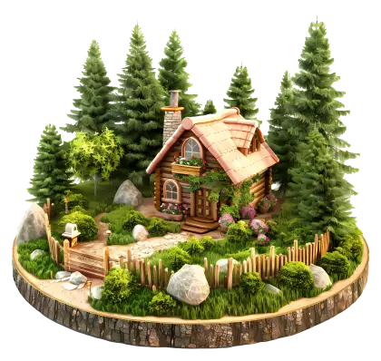 Miniature Wooden Cabin in a Forest Diorama