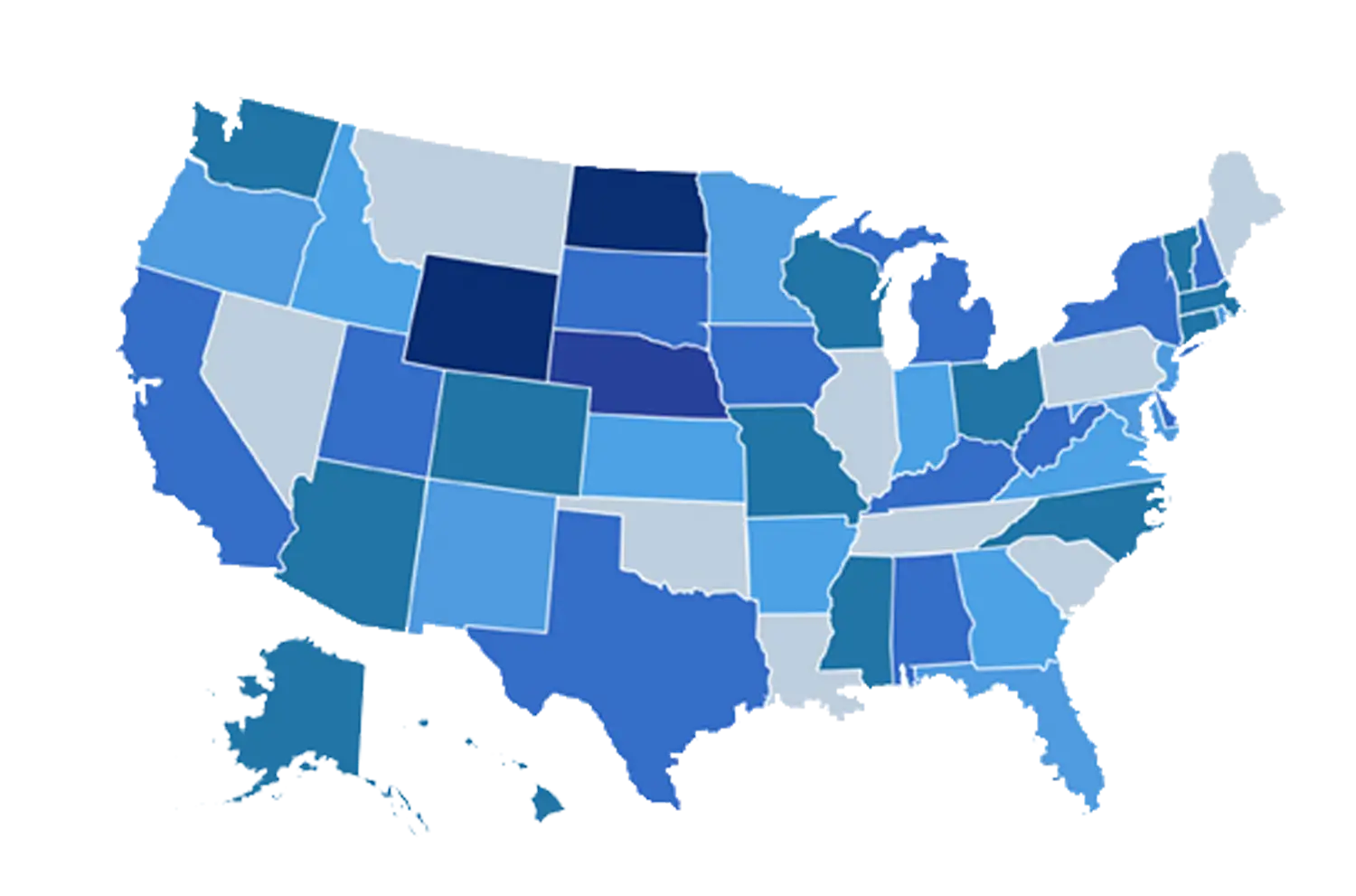 Blue Map of United States with States Highlighted