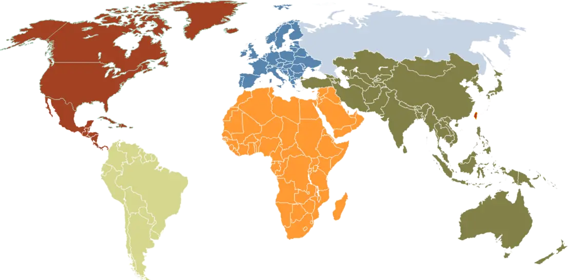 World Map with Colored Regions