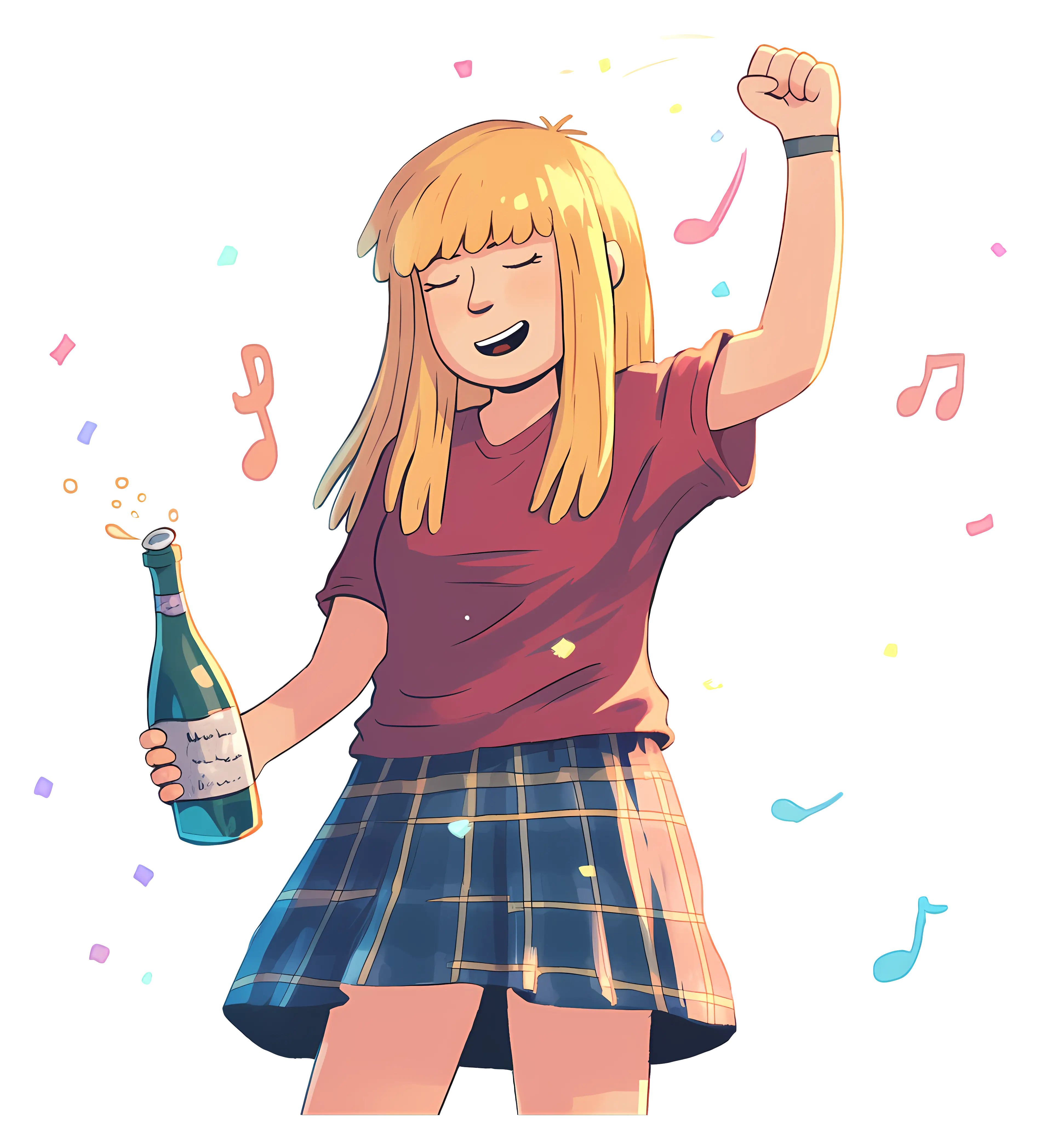 Dancing Girl with Champagne Bottle Celebrating