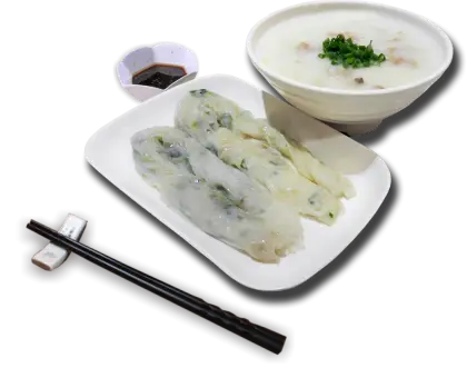 Delicious Rice Rolls and Congee with Chopsticks