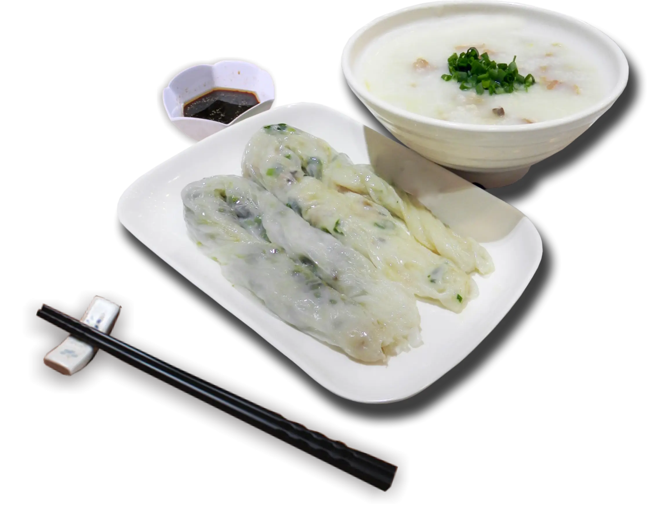Delicious Rice Rolls and Congee with Chopsticks