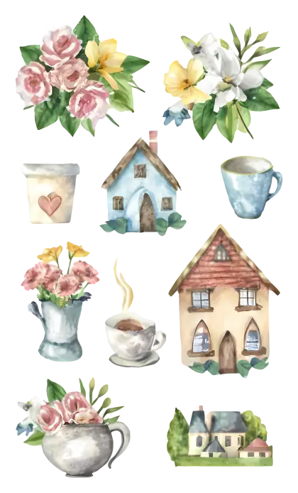 Charming Watercolor Houses and Floral Arrangements