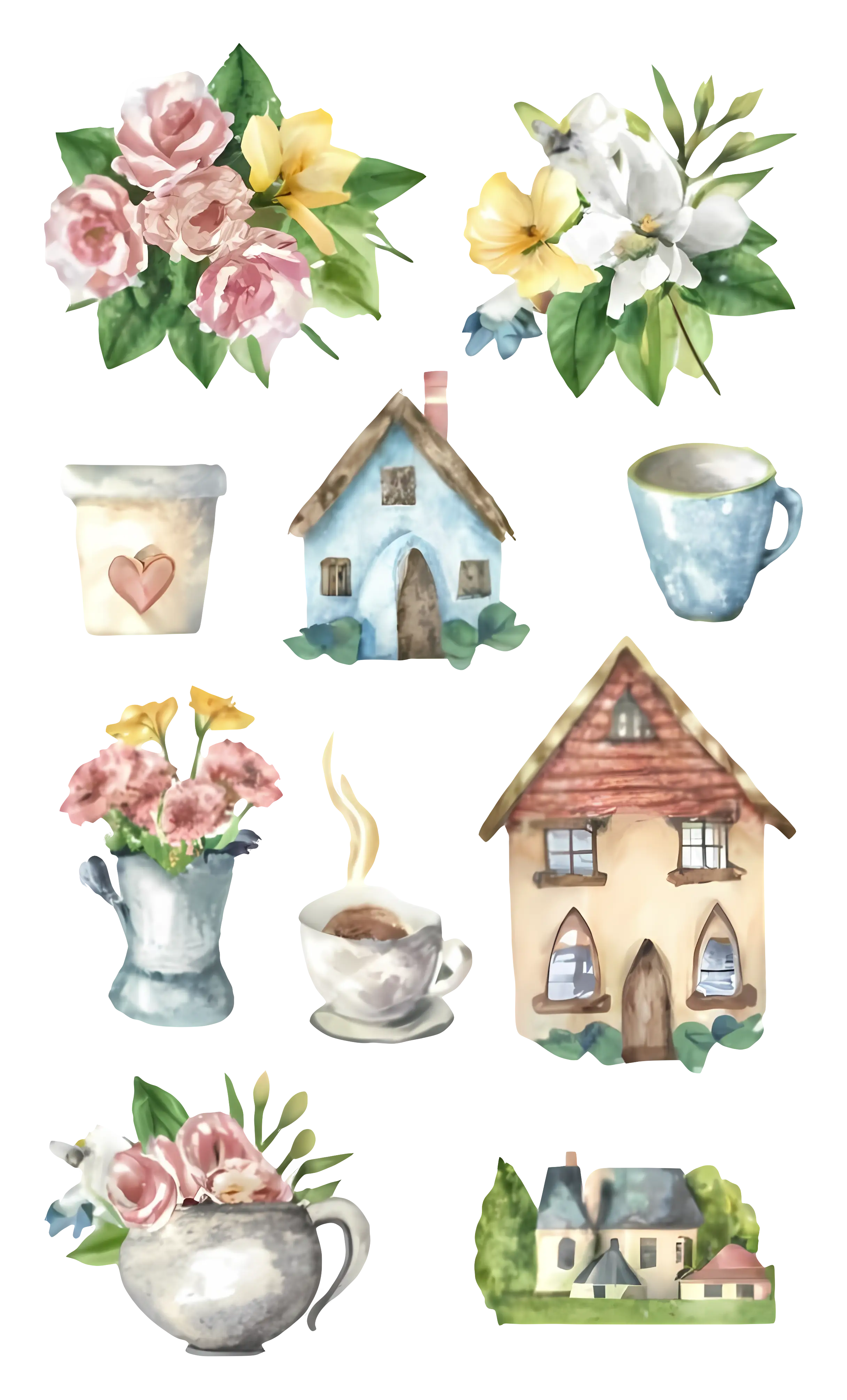 Charming Watercolor Houses and Floral Arrangements
