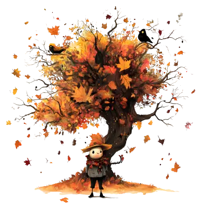 Cartoon Autumn Tree with Falling Leaves