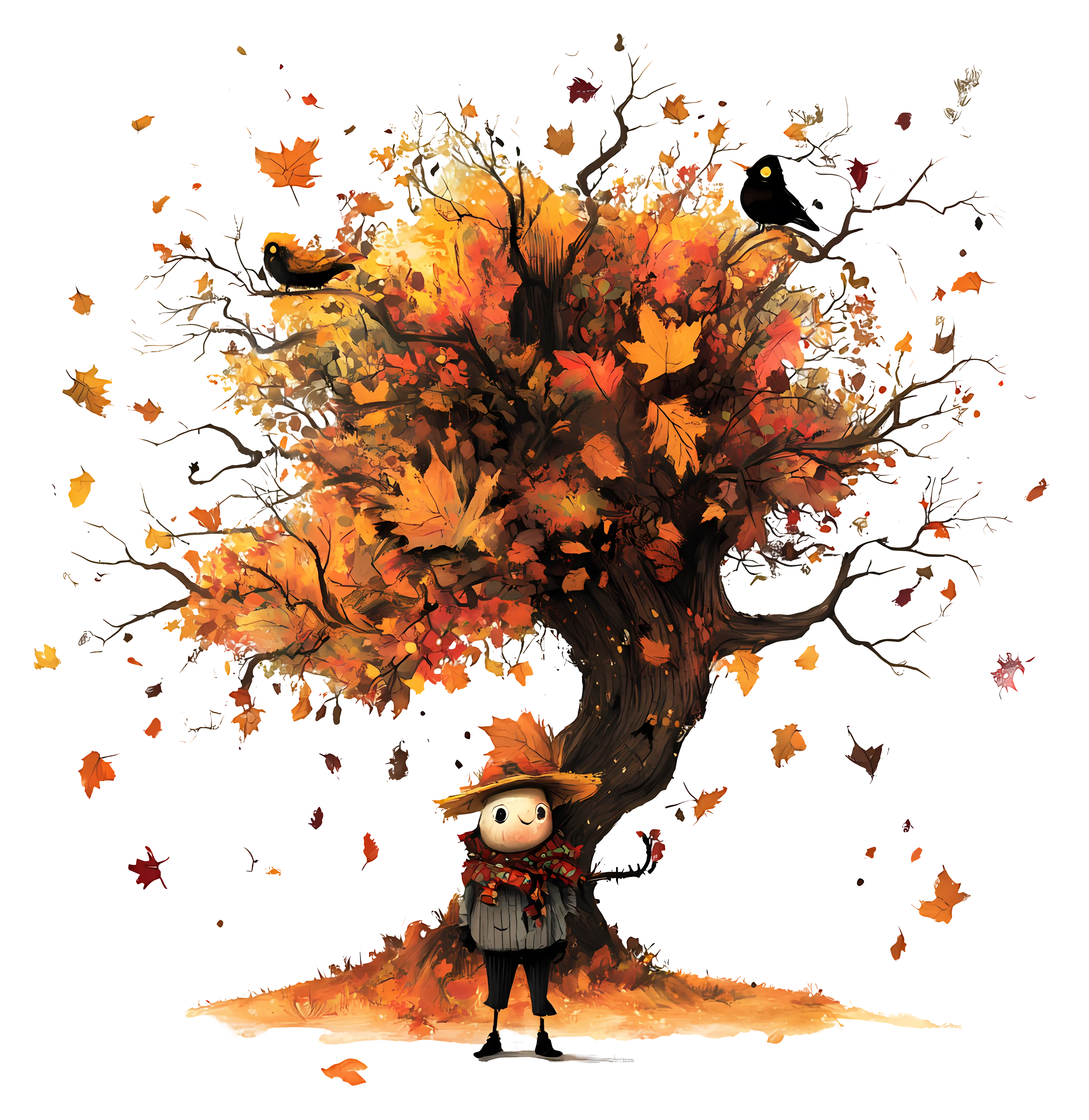 Cartoon Autumn Tree with Falling Leaves