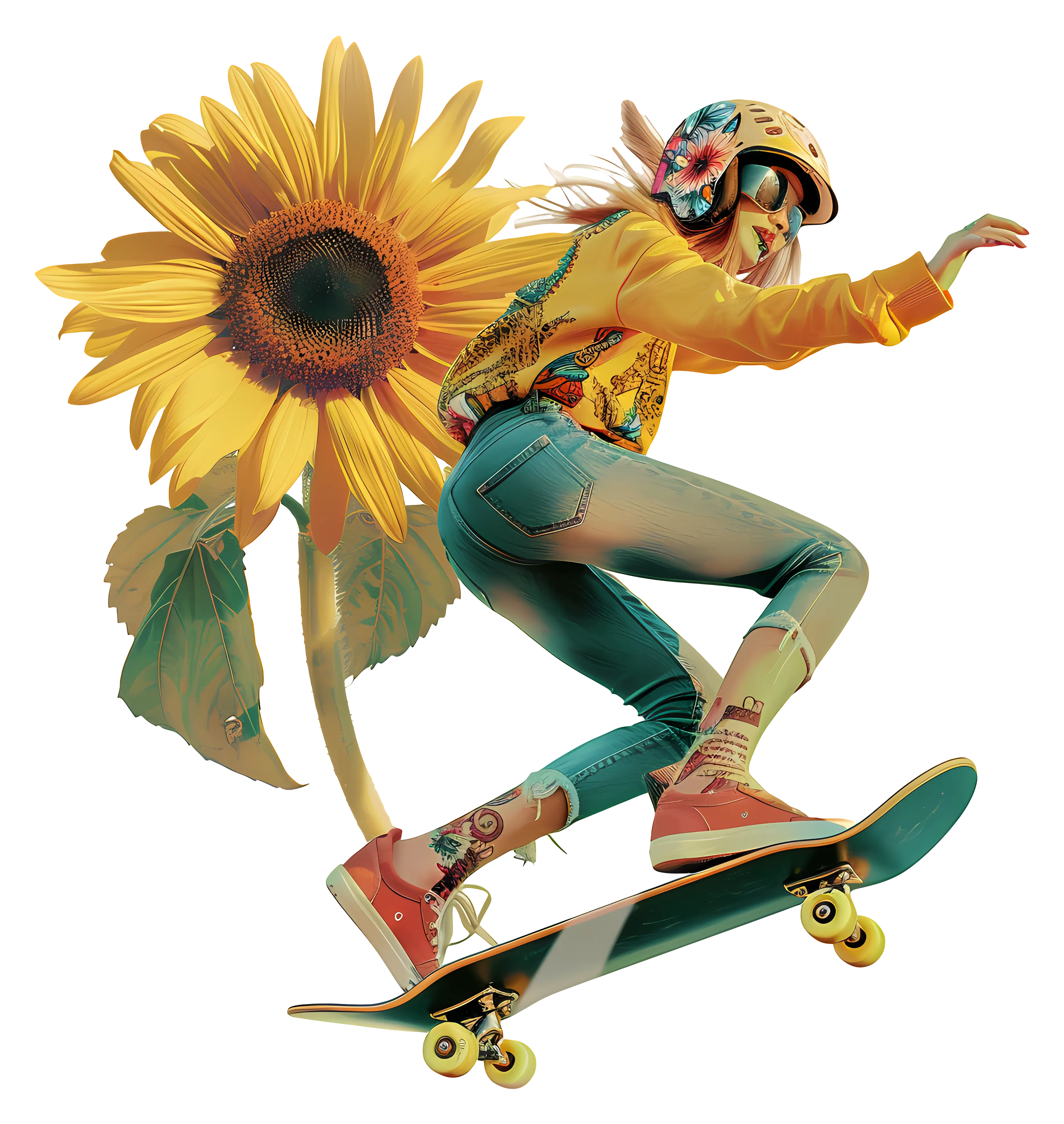 Skateboarder with Sunflower Background
