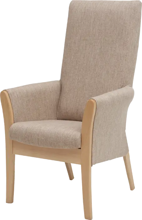 Beige High-Back Armchair with Wooden Frame