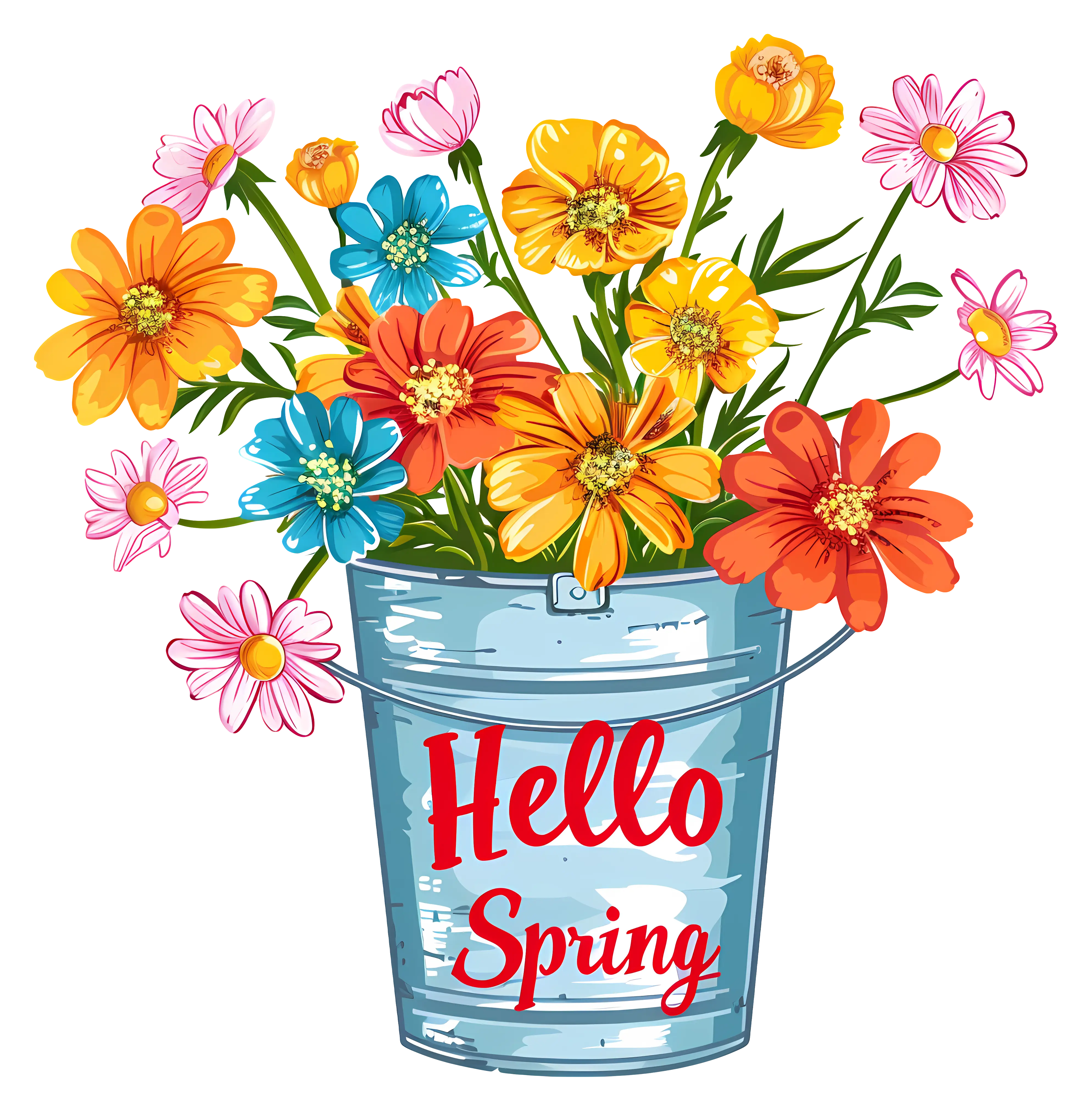 Bucket of Spring Flowers with Text