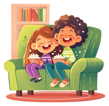 Kids Enjoying Popcorn on Sofa
