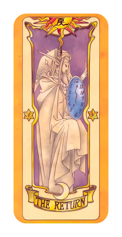 Tarot Card &#039;The Return&#039; with Clock and Character