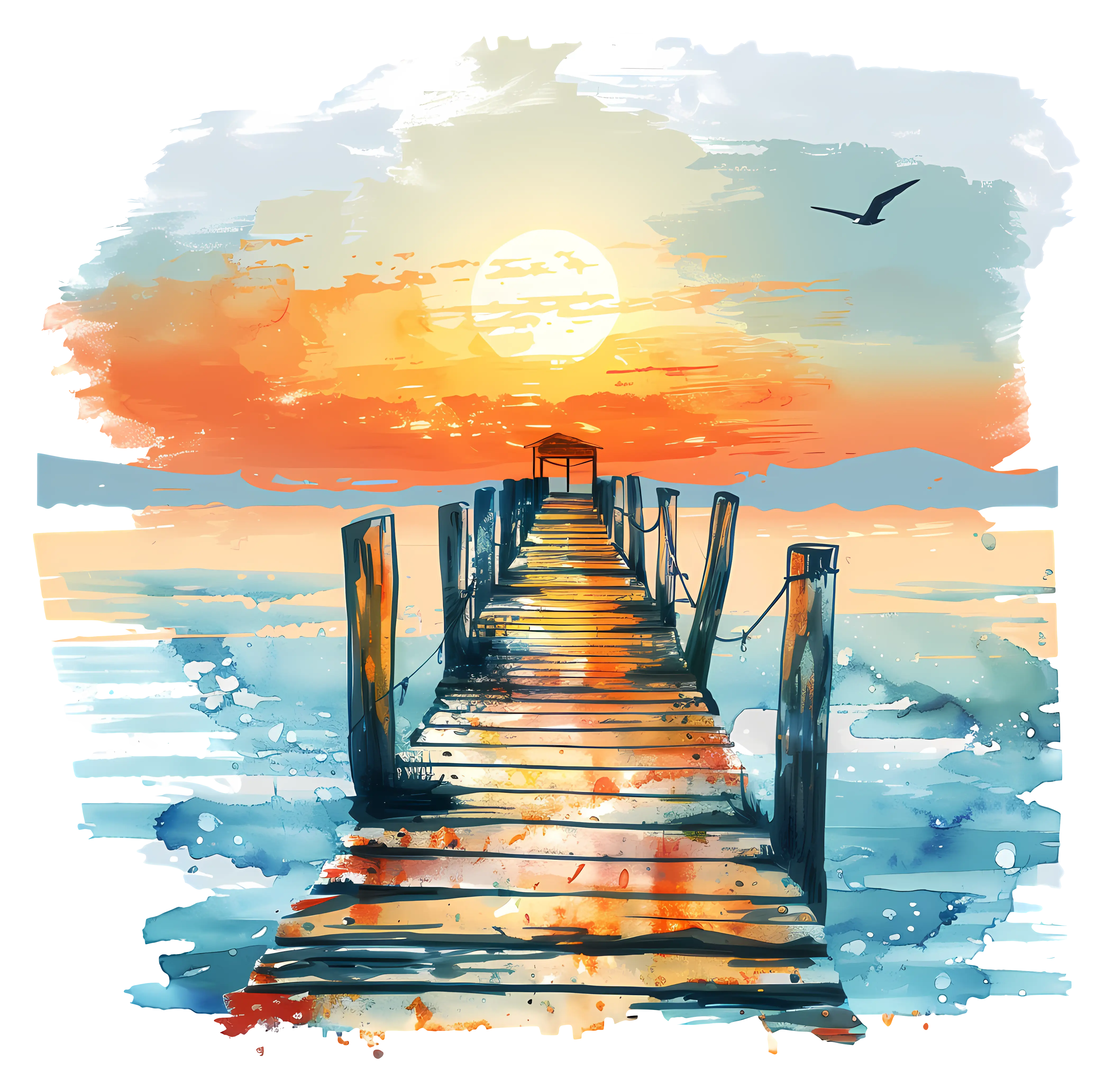 Serene Sunset Over Pier Illustration