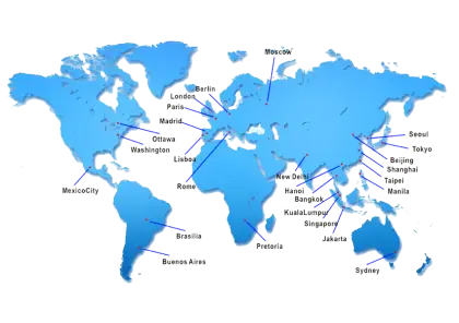 Labeled World Map with Key Cities