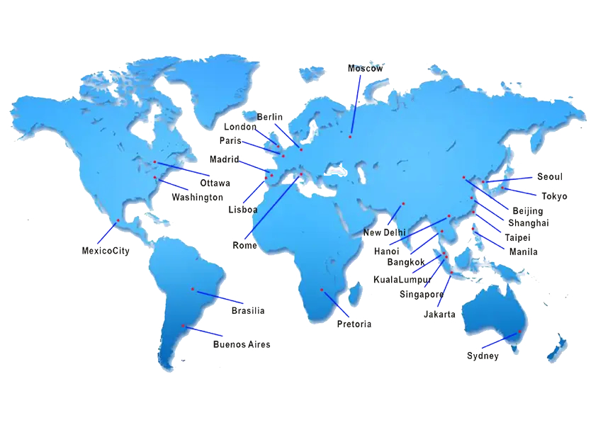 Labeled World Map with Key Cities
