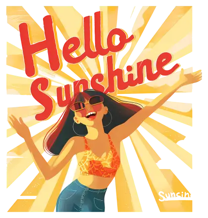 Happy Cartoon Woman in Sunshine with &#039;Hello Sunshine&#039;
