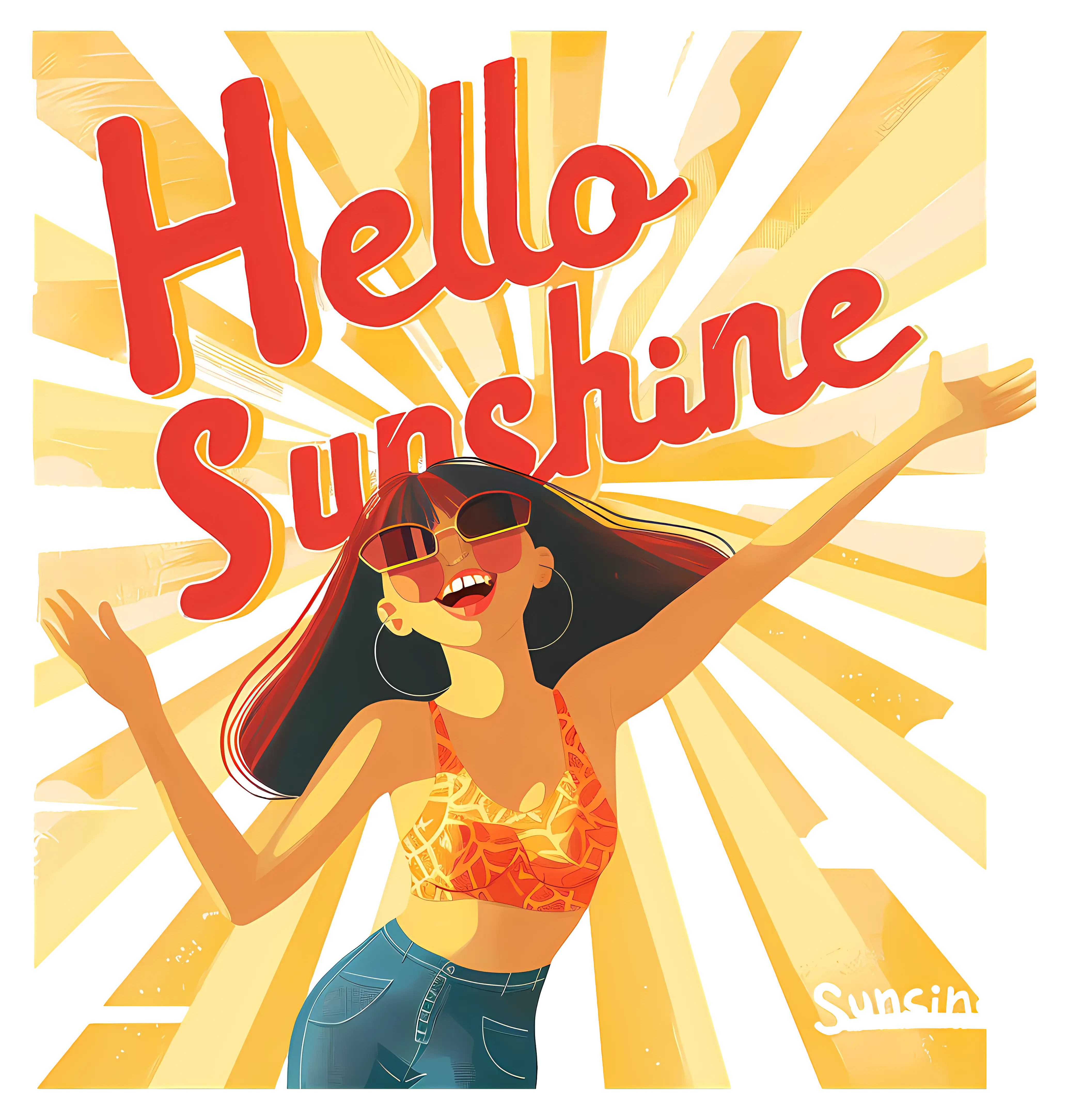 Happy Cartoon Woman in Sunshine with 'Hello Sunshine'