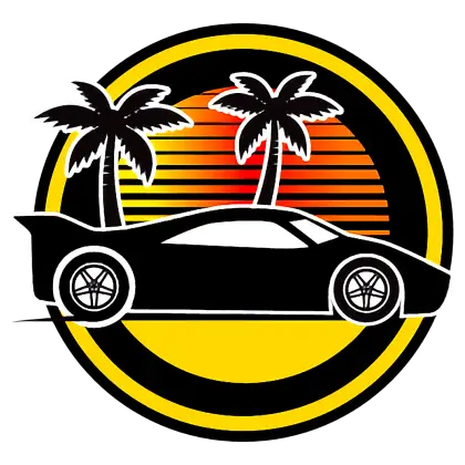 Car with Palm Trees and Sunset Background