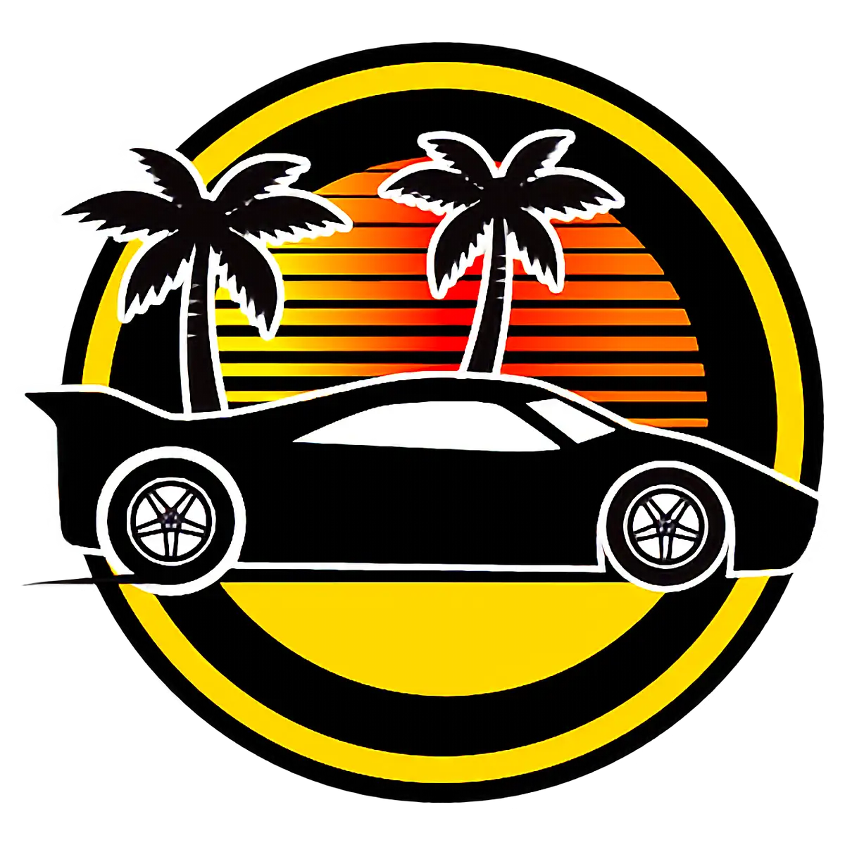 Car with Palm Trees and Sunset Background