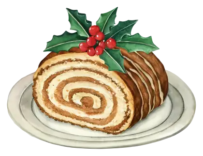 Christmas Yule Log Cake with Holly Decoration