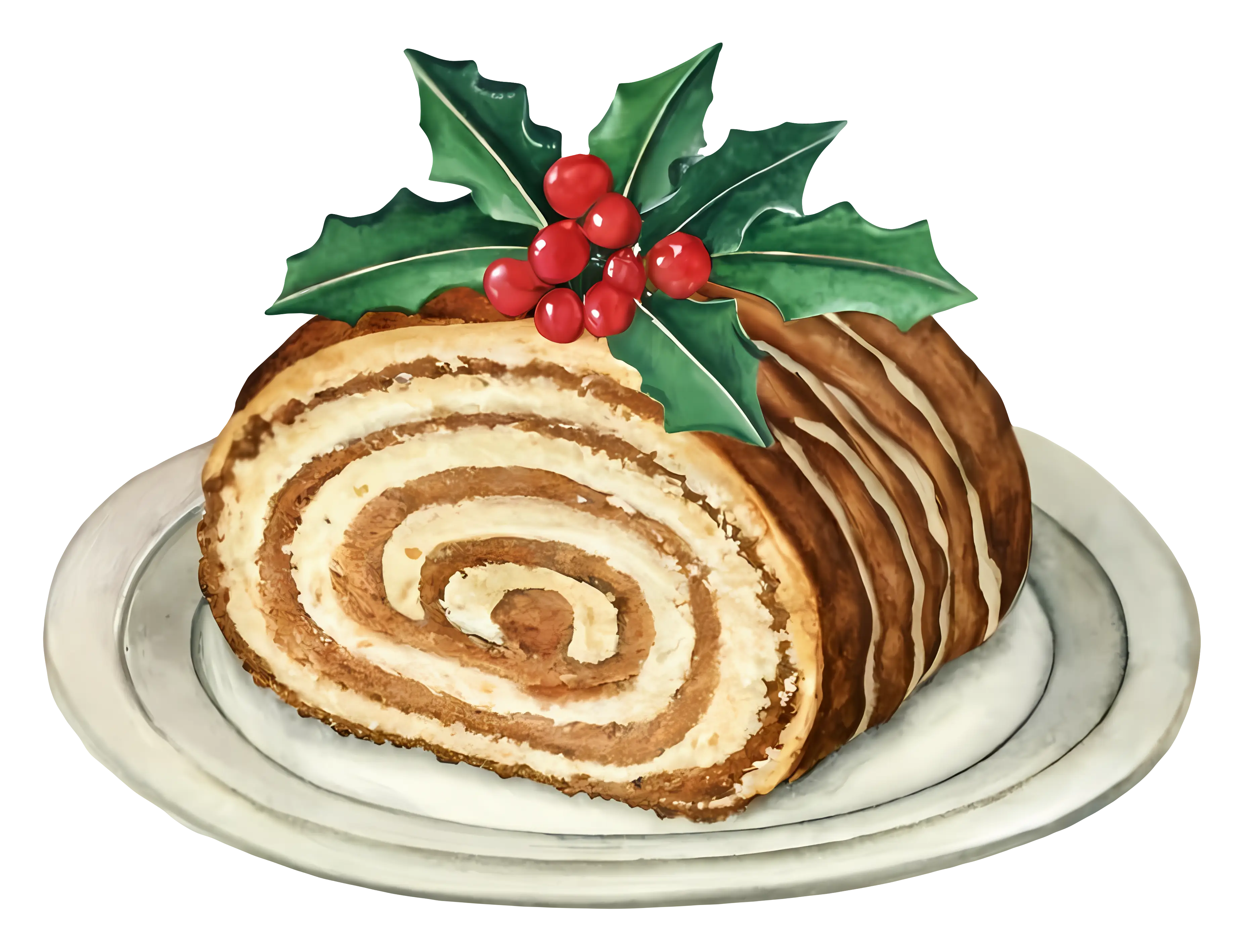 Christmas Yule Log Cake with Holly Decoration