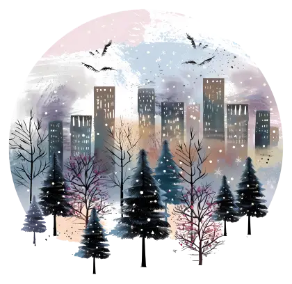 Winter Cityscape with Snow and Trees