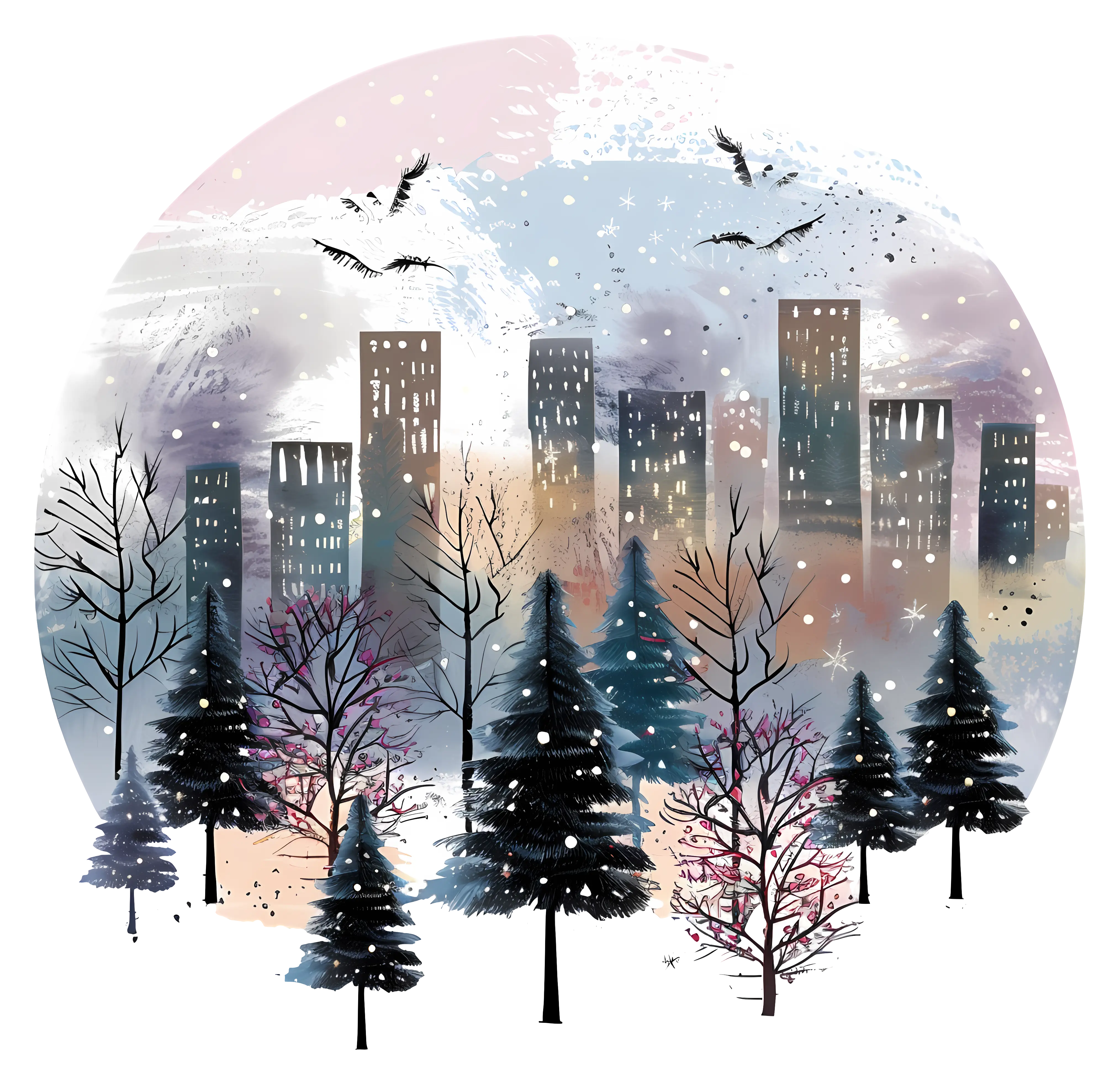 Winter Cityscape with Snow and Trees
