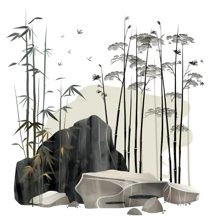 Bamboo and Rock Illustration in a Natural Setting