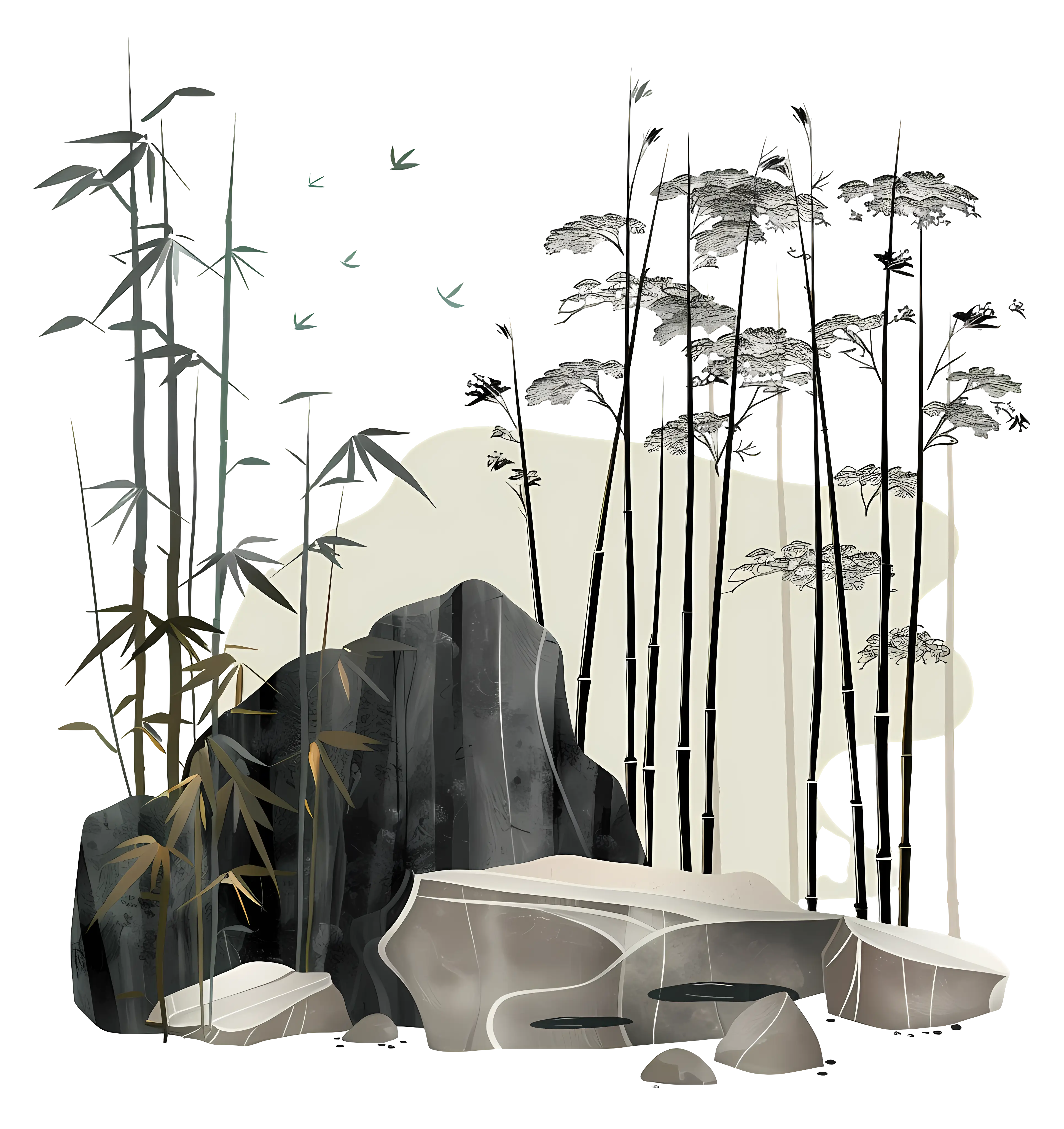 Bamboo and Rock Illustration in a Natural Setting
