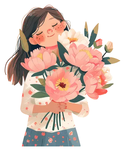 Smiling Girl Holding a Bouquet of Flowers