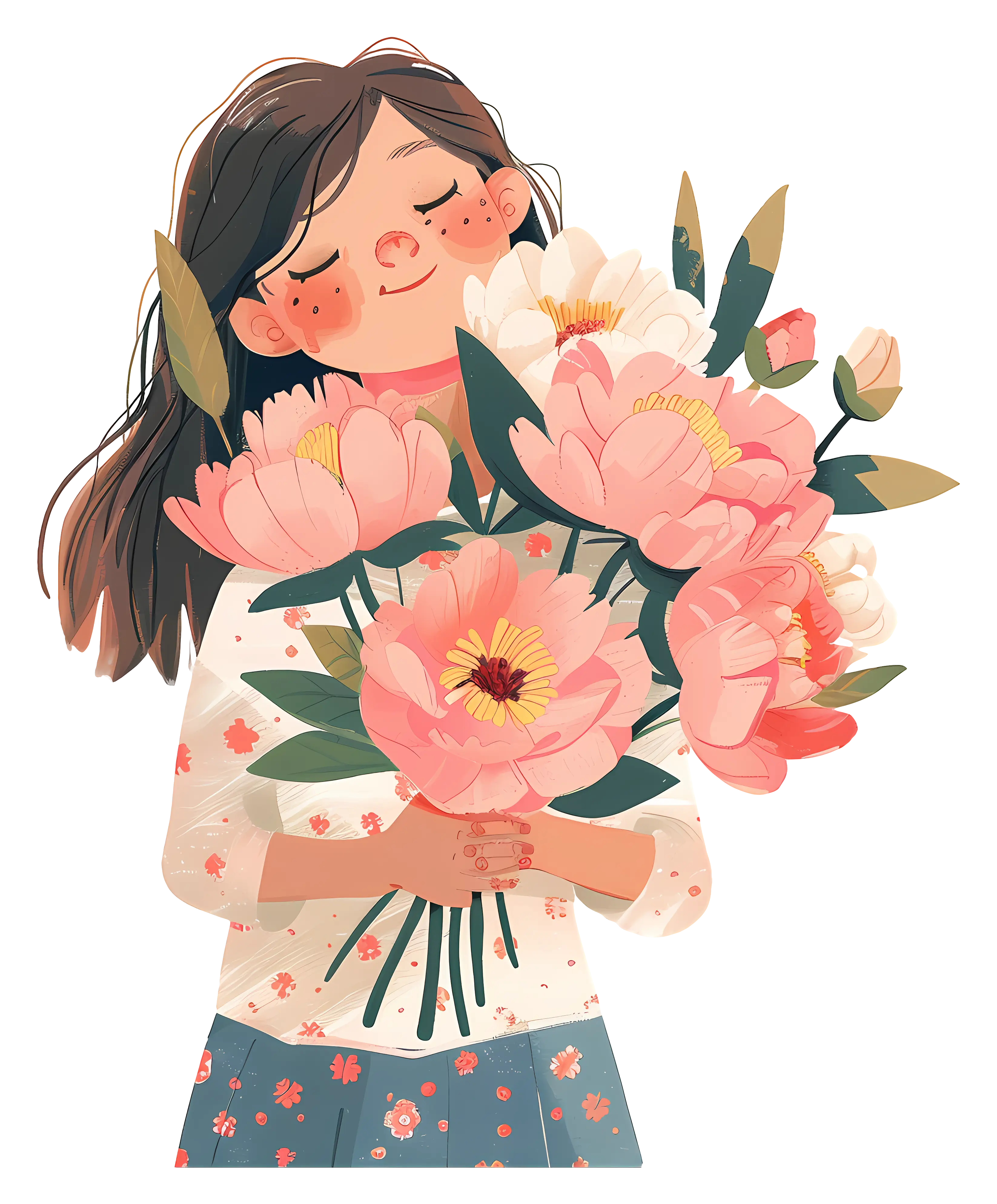 Smiling Girl Holding a Bouquet of Flowers