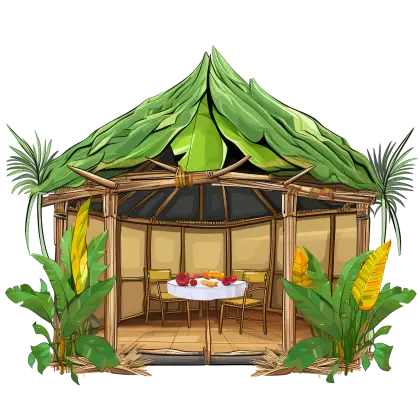 Thatched Hut with Tropical Plants and Outdoor Dining