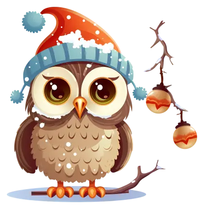 Cute Owl with Winter Hat on a Branch