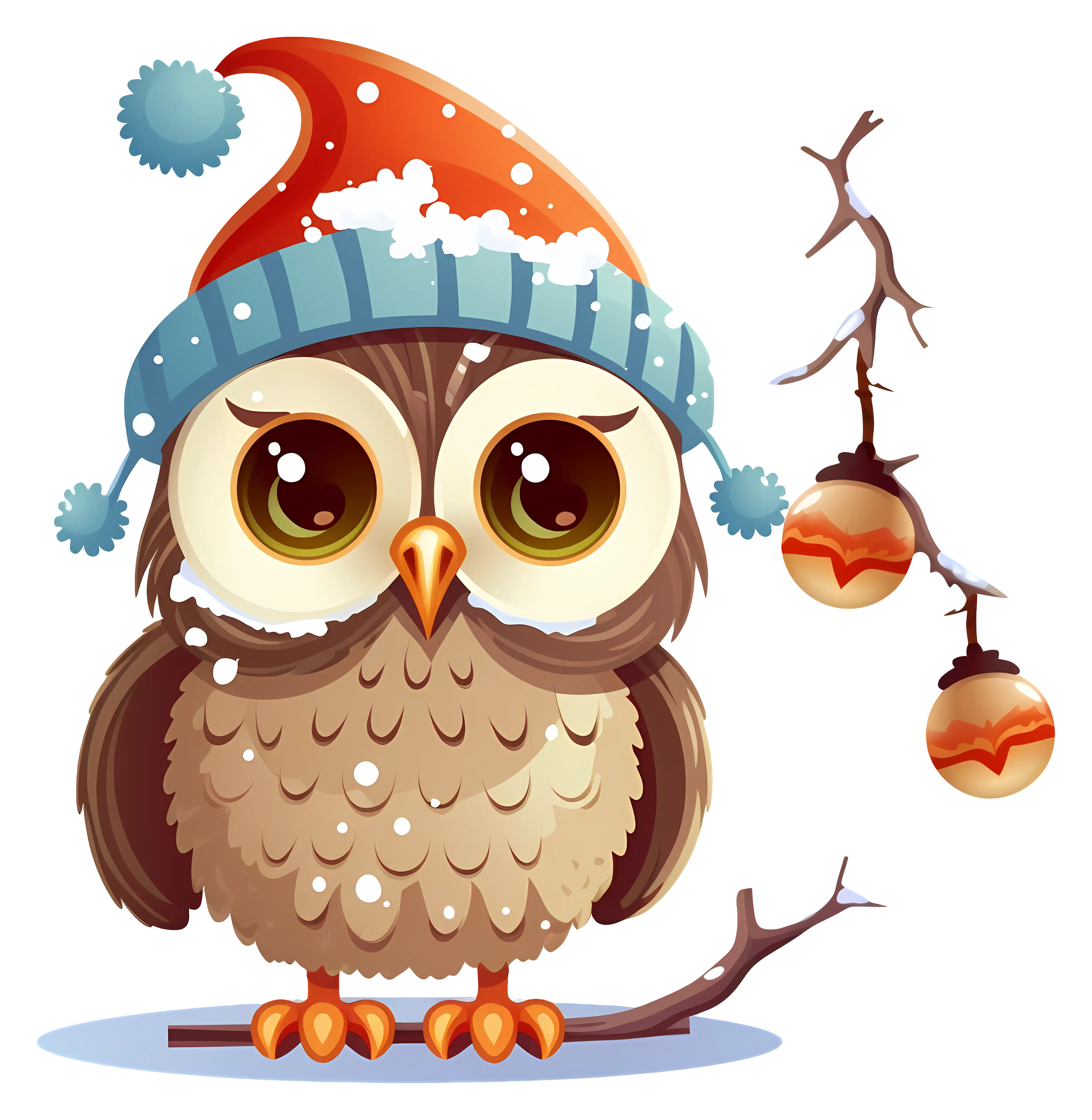 Cute Owl with Winter Hat on a Branch