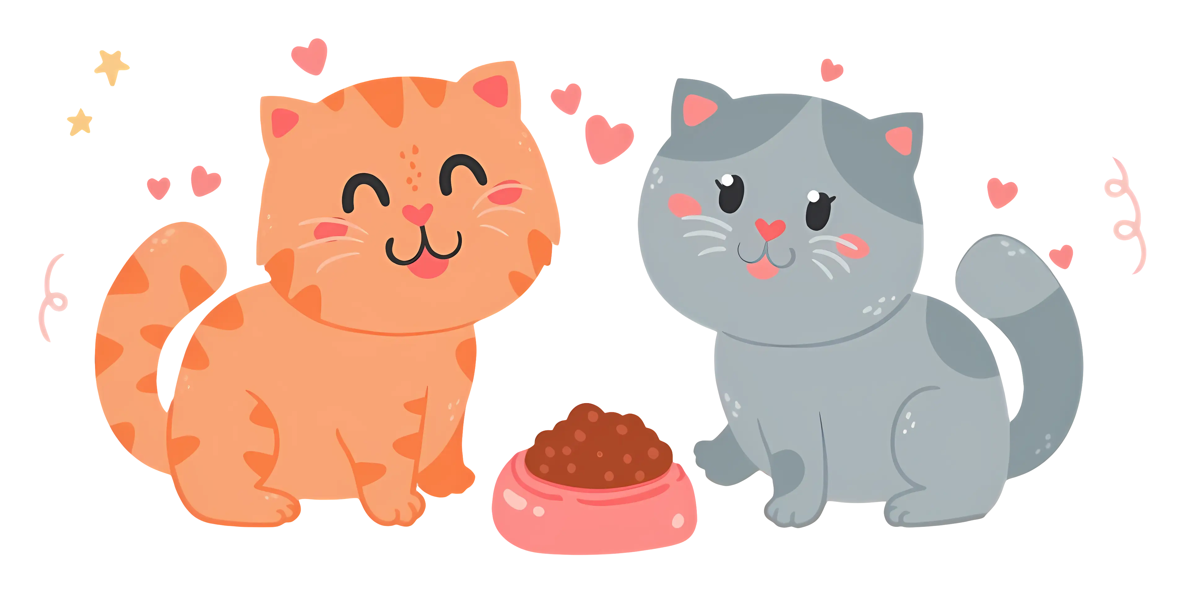 Two Loving Cartoon Cats and Heart Symbols
