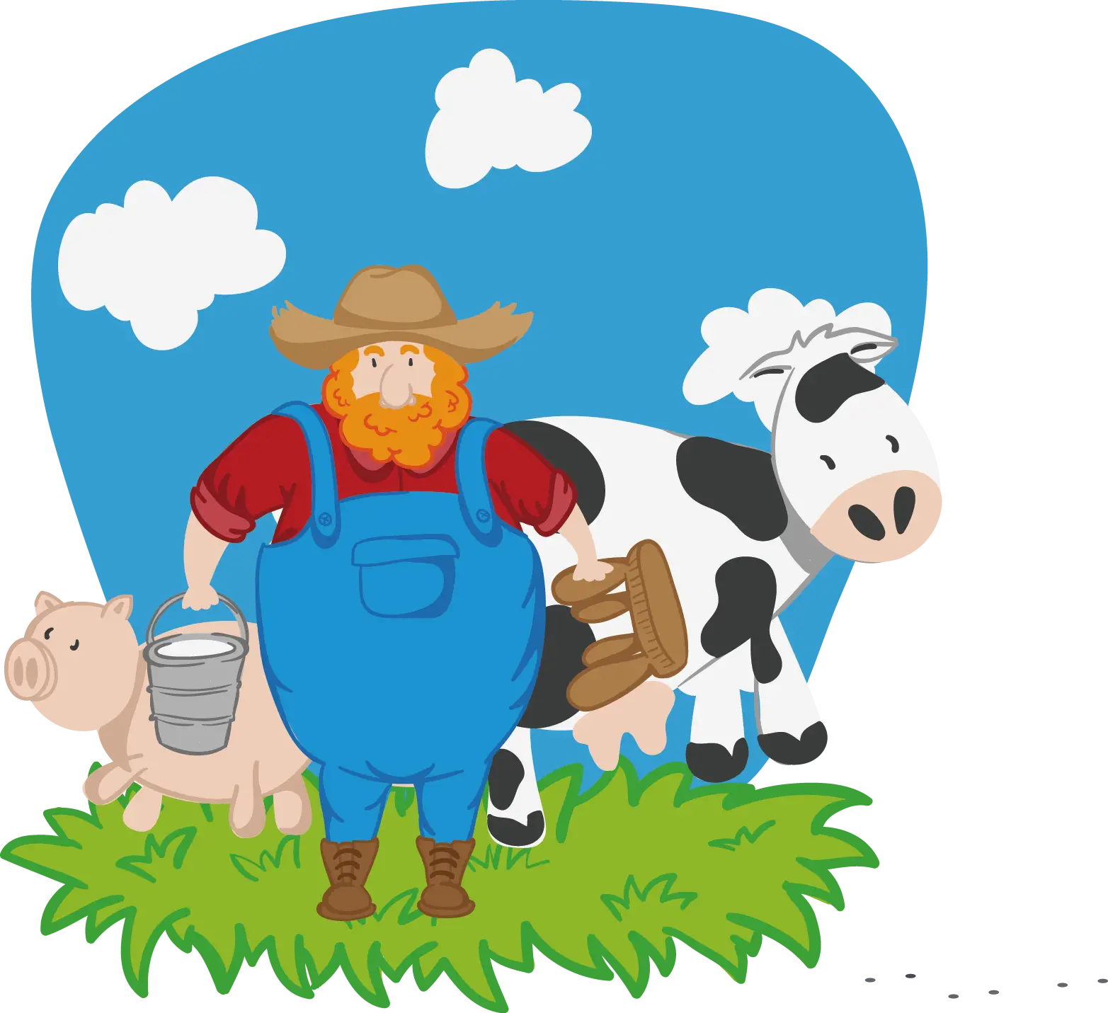 Cartoon Farmer with Cow and Pig