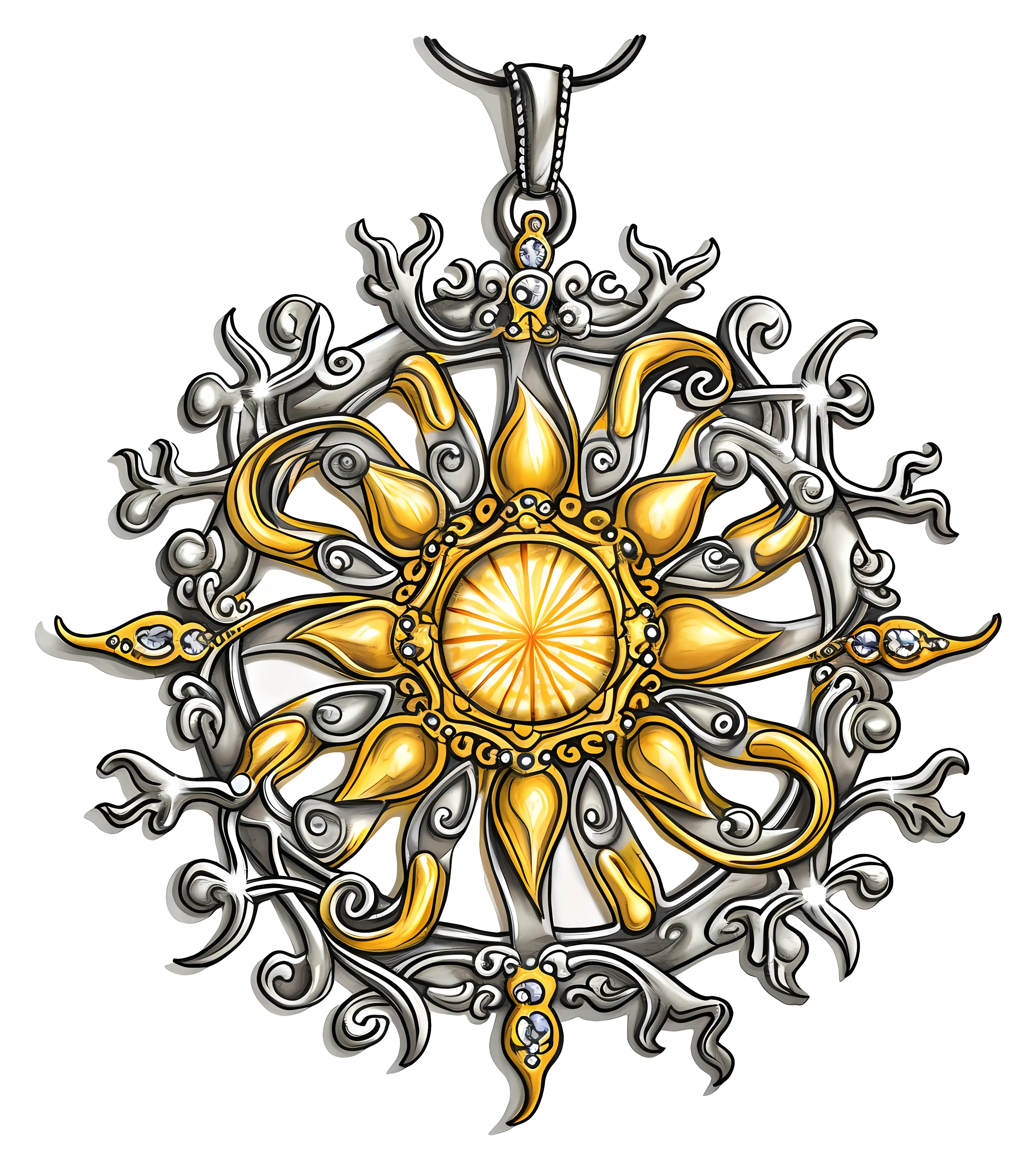 Intricate Sun Pendant in Gold and Silver