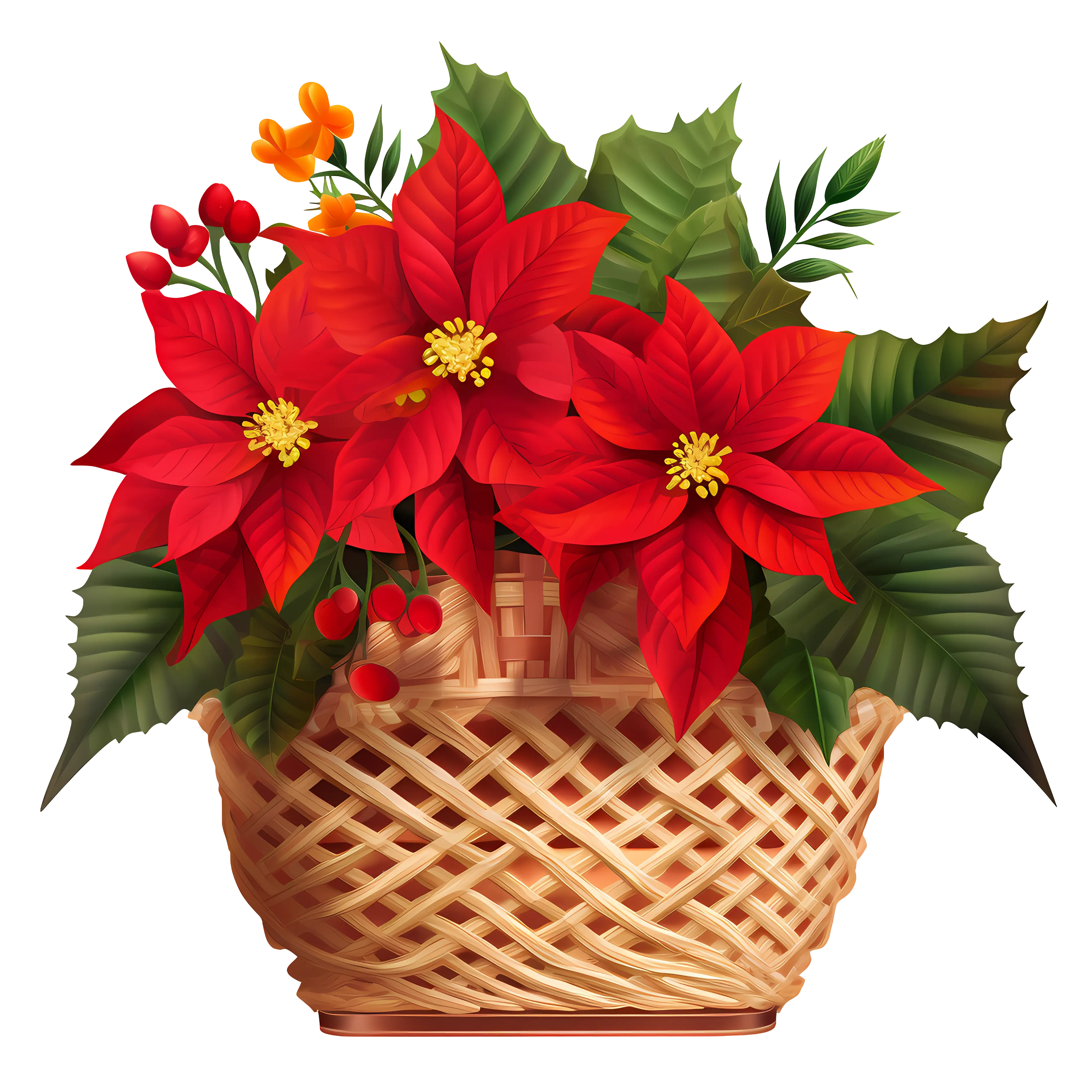Basket of Vibrant Poinsettia Flowers for Christmas
