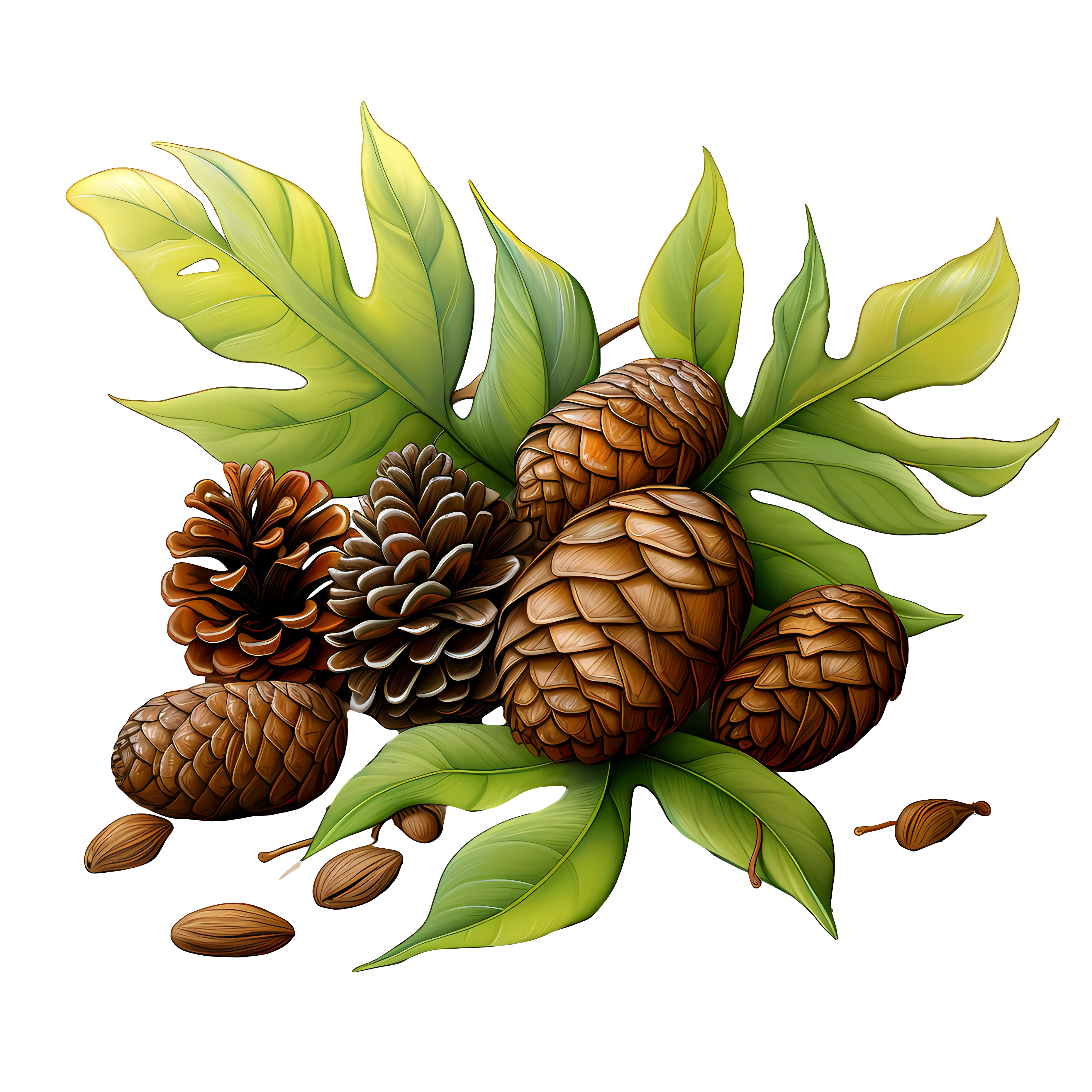 Pinecones with Green Leaves Illustration