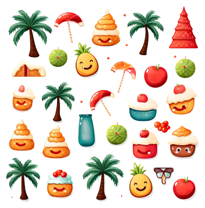Tropical Icons with Palm Trees and Fruits